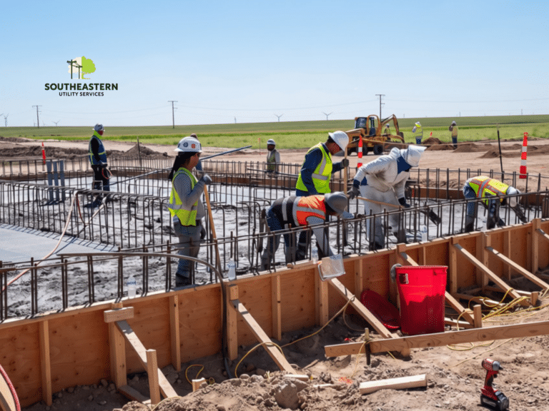 Southeastern Utility Services crew performing substation site clearing and foundation work, showing rebar installation and site preparation for utility construction