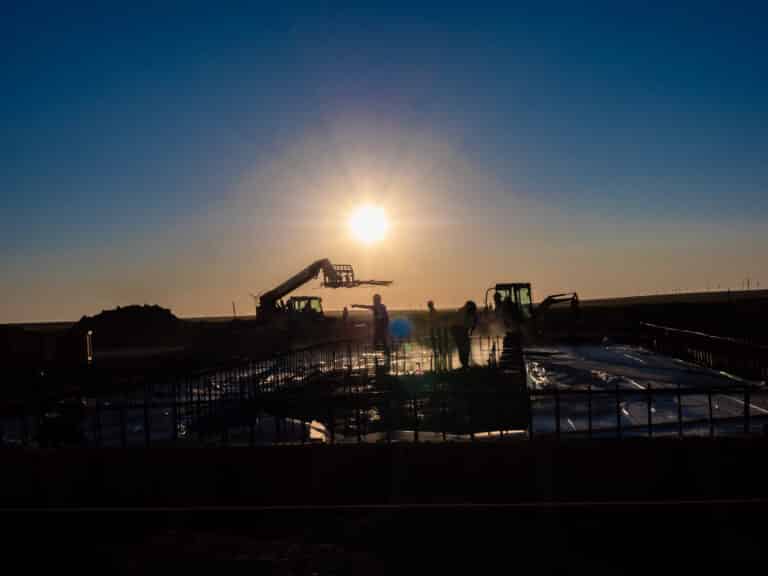 Rebar grounding grid installed at a substation foundation site in Colorado at sunrise